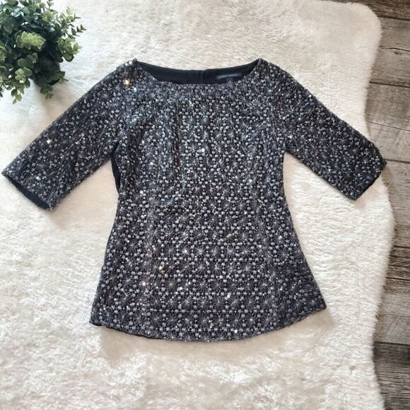 Banana Republic Silver and Black Metallic and Sequins Sheer Top, Size 4 - Picture 1 of 10